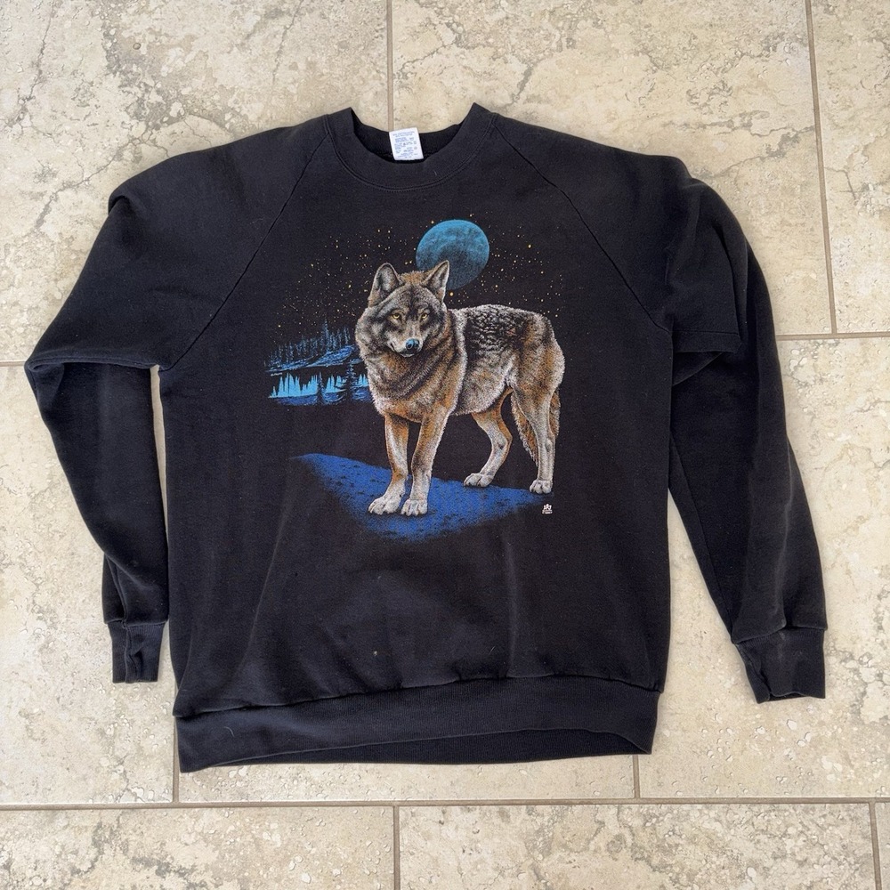 Vtg 80s LSJ Wolf Full Moon Nature Portrait Crewneck Sweater XL Flaws See Pics